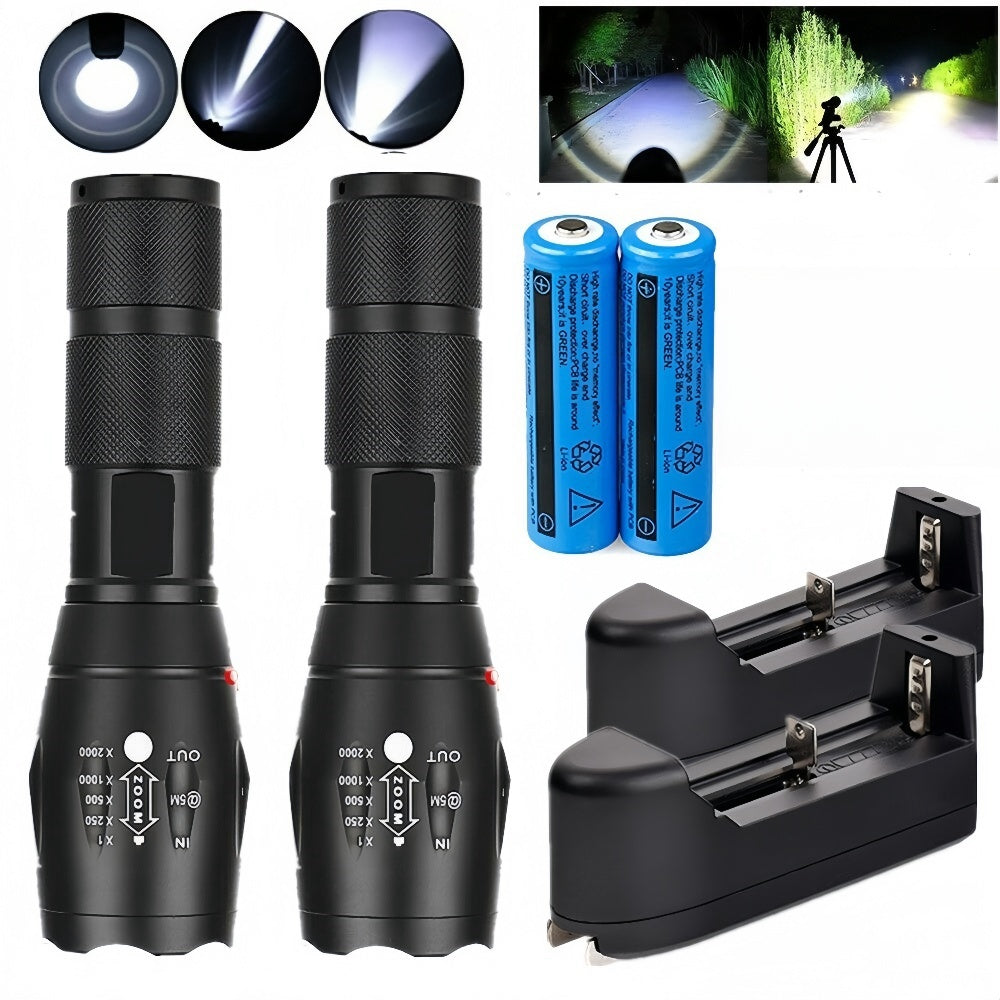 2pcs Bright LED Flashlight Rechargeable Torch Camping Zoom Light